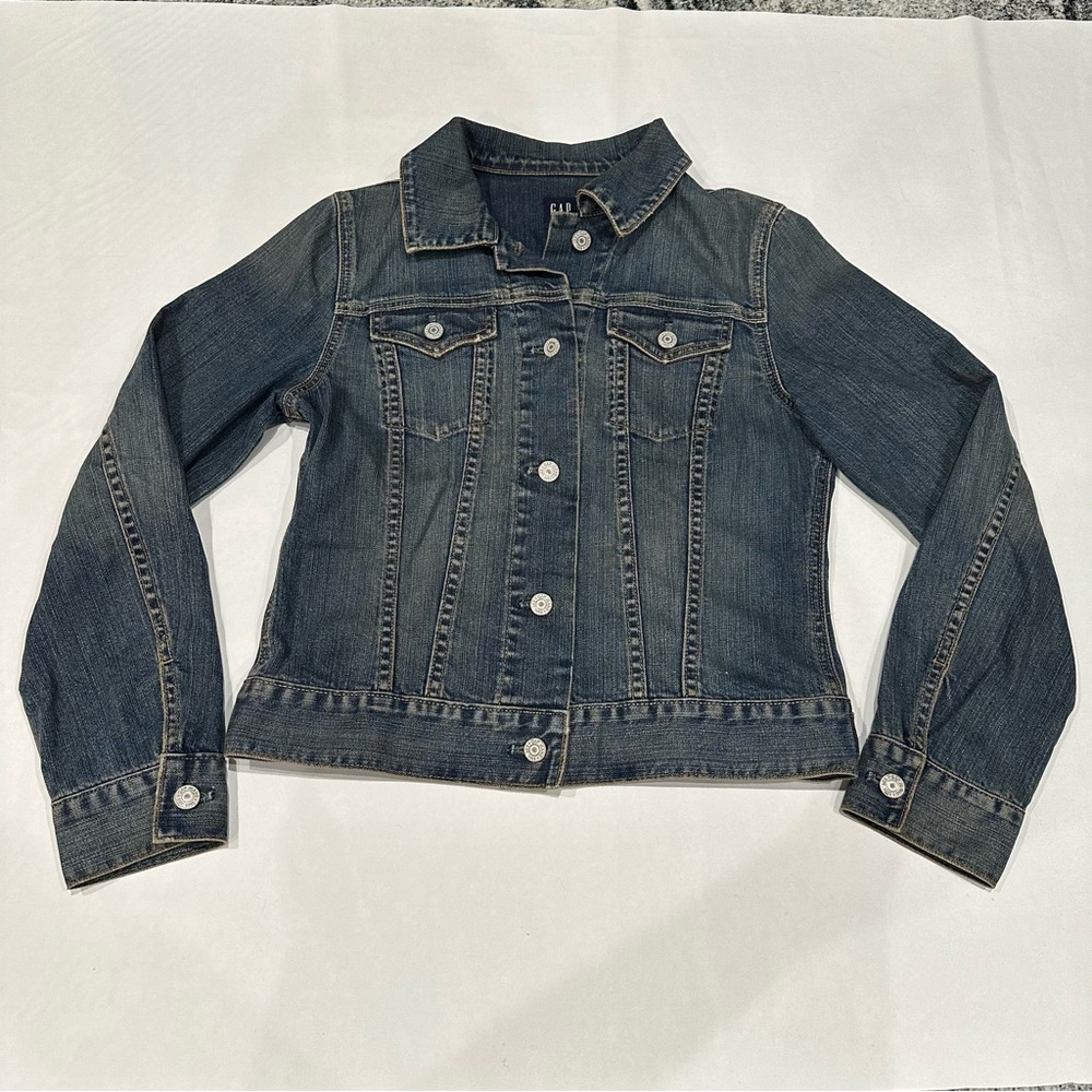 Gap Denim Jean Jacket Dark Wash Distressed Button Front Stretch Pockets Size S